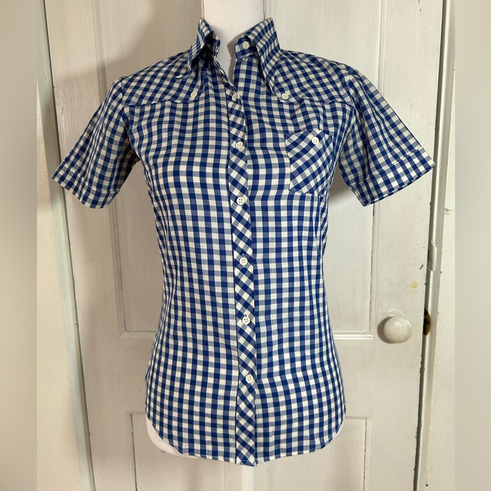 Women’s Vintage 70’s Blue and White Gingham Button Up Short Sleeve Shirt size 36